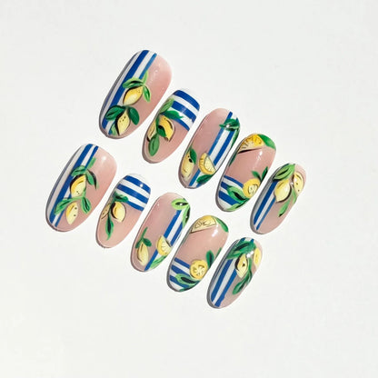 Lemon Lime Press-On Nails – Nude Base Blue Stripe Summer Set