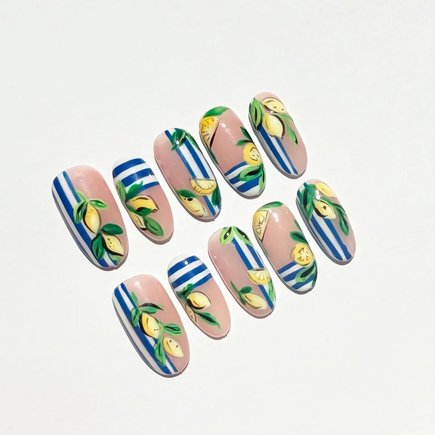 Lemon Lime Press-On Nails – Nude Base Blue Stripe Summer Set