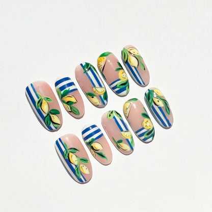 Lemon Lime Press-On Nails – Nude Base Blue Stripe Summer Set