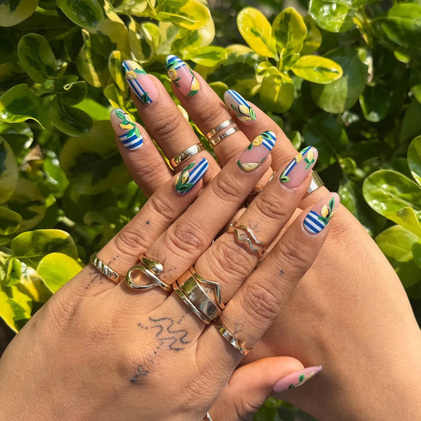 Lemon Lime Press-On Nails – Nude Base Blue Stripe Summer Set