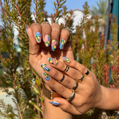 Lemon Lime Press-On Nails – Nude Base Blue Stripe Summer Set