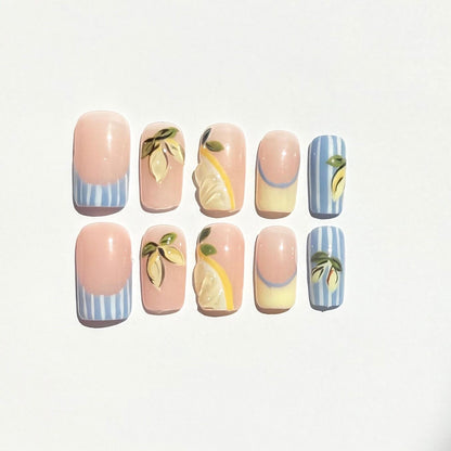 Lemon Blossom Press-On Nails – 3D Fruit & Floral Blue Print Summer Set