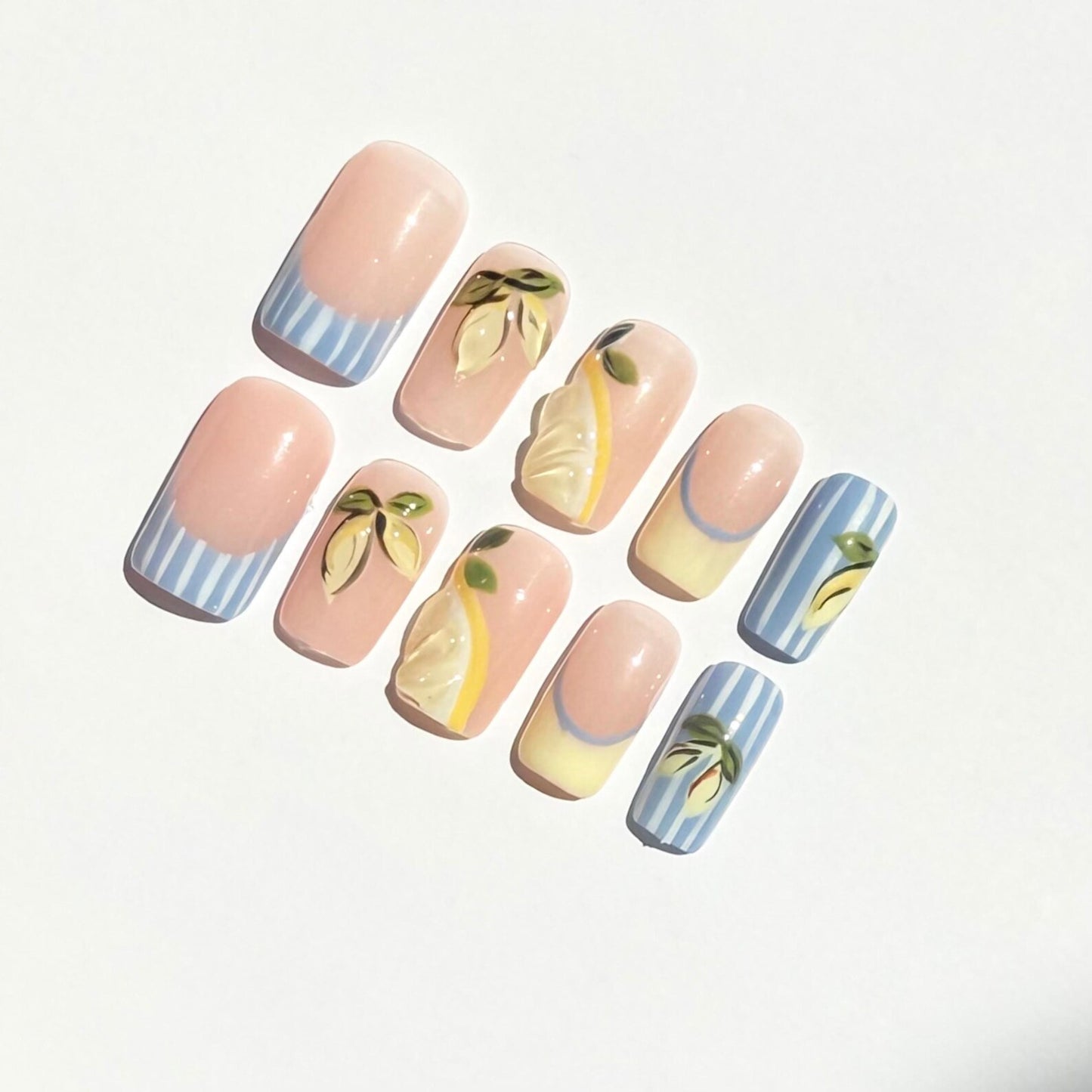 Lemon Blossom Press-On Nails – 3D Fruit & Floral Blue Print Summer Set