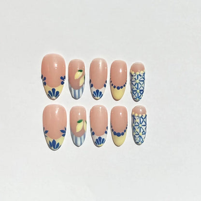 Blue & Yellow Lemon Press-On Nails – Mediterranean Floral French Tip Coffin Set
