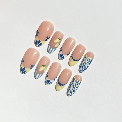 Blue & Yellow Lemon Press-On Nails – Mediterranean Floral French Tip Coffin Set