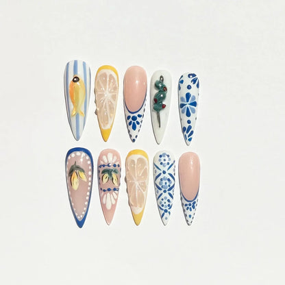 Blue Floral Lemon Press-On Nails – Mediterranean Summer Almond Set