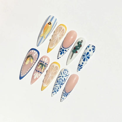 Blue Floral Lemon Press-On Nails – Mediterranean Summer Almond Set