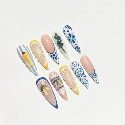 Blue Floral Lemon Press-On Nails – Mediterranean Summer Almond Set