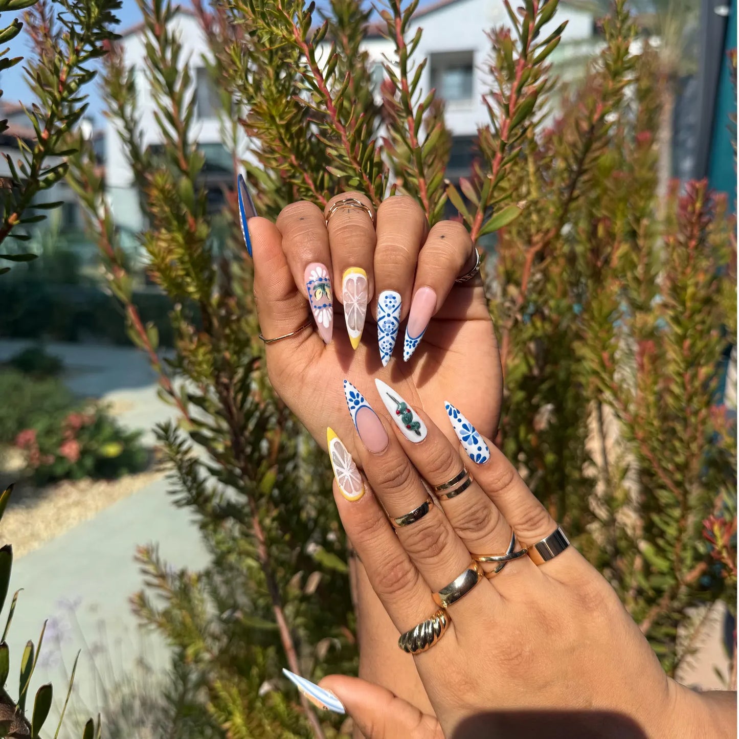 Blue Floral Lemon Press-On Nails – Mediterranean Summer Almond Set