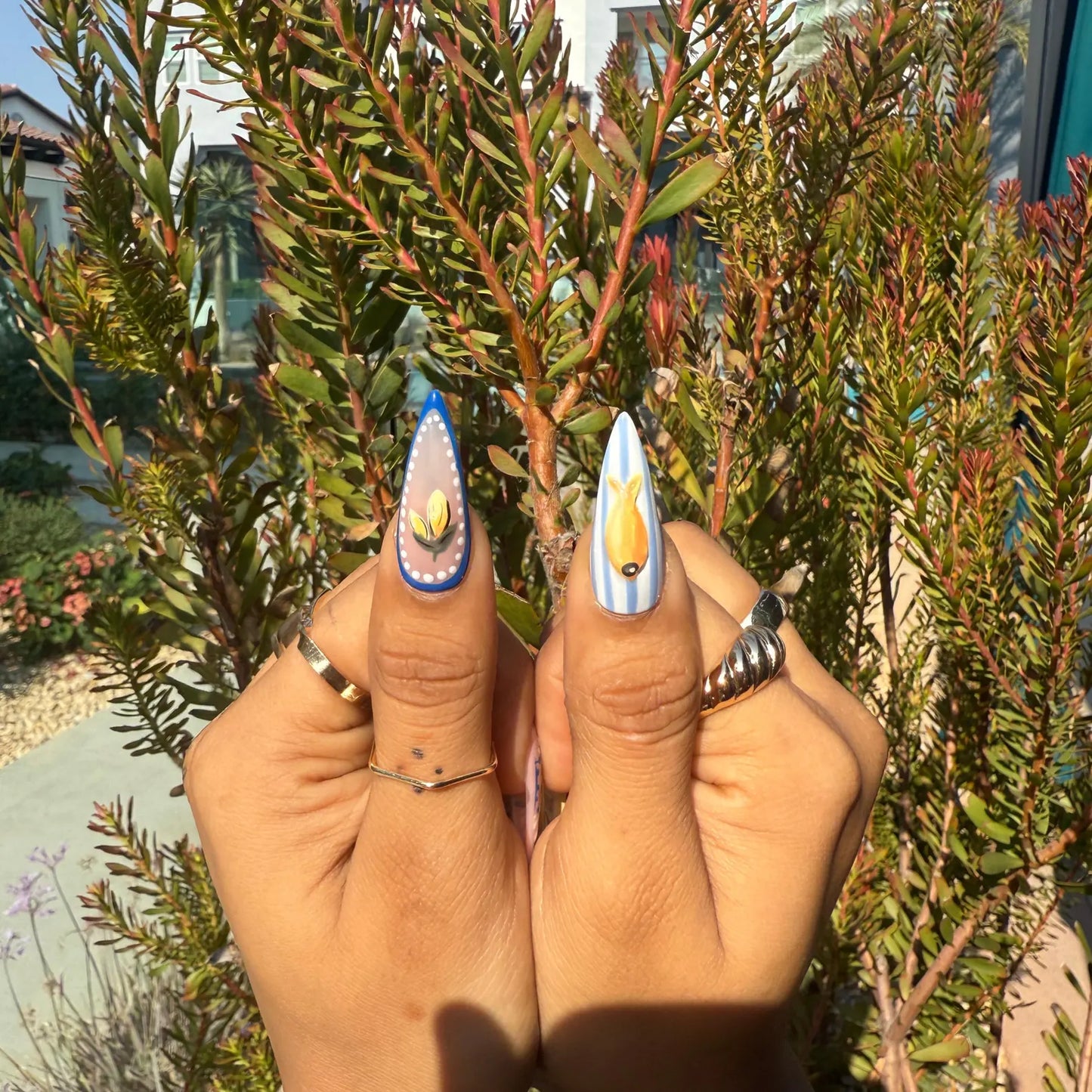 Blue Floral Lemon Press-On Nails – Mediterranean Summer Almond Set