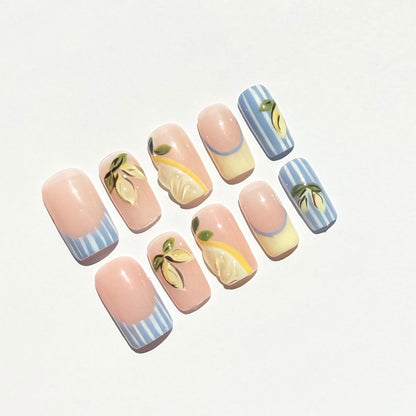 Lemon Blossom Press-On Nails – 3D Fruit & Floral Blue Print Summer Set