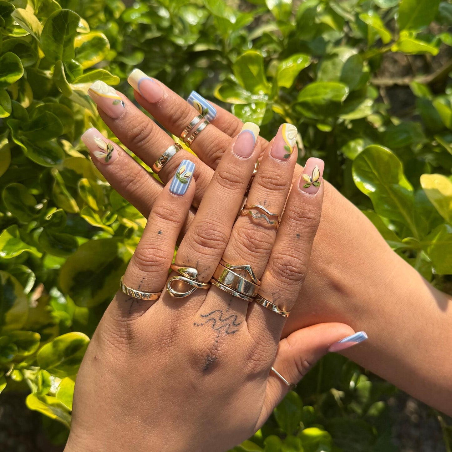 Lemon Blossom Press-On Nails – 3D Fruit & Floral Blue Print Summer Set