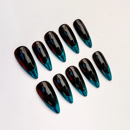 Black & Teal Ombre Press-On Nails – Glossy Stiletto French Tip Set