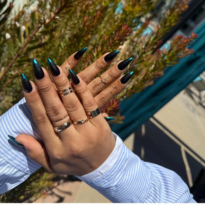Black & Teal Ombre Press-On Nails – Glossy Stiletto French Tip Set