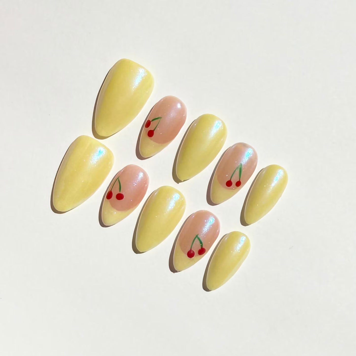 Yellow Cherry Almond Press-On Nails – Cute Fruit Summer Glossy Set