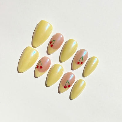 Yellow Cherry Almond Press-On Nails – Cute Fruit Summer Glossy Set