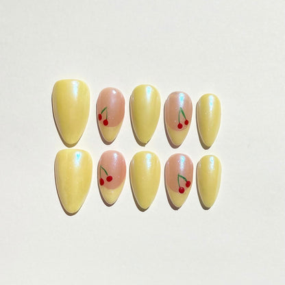 Yellow Cherry Almond Press-On Nails – Cute Fruit Summer Glossy Set