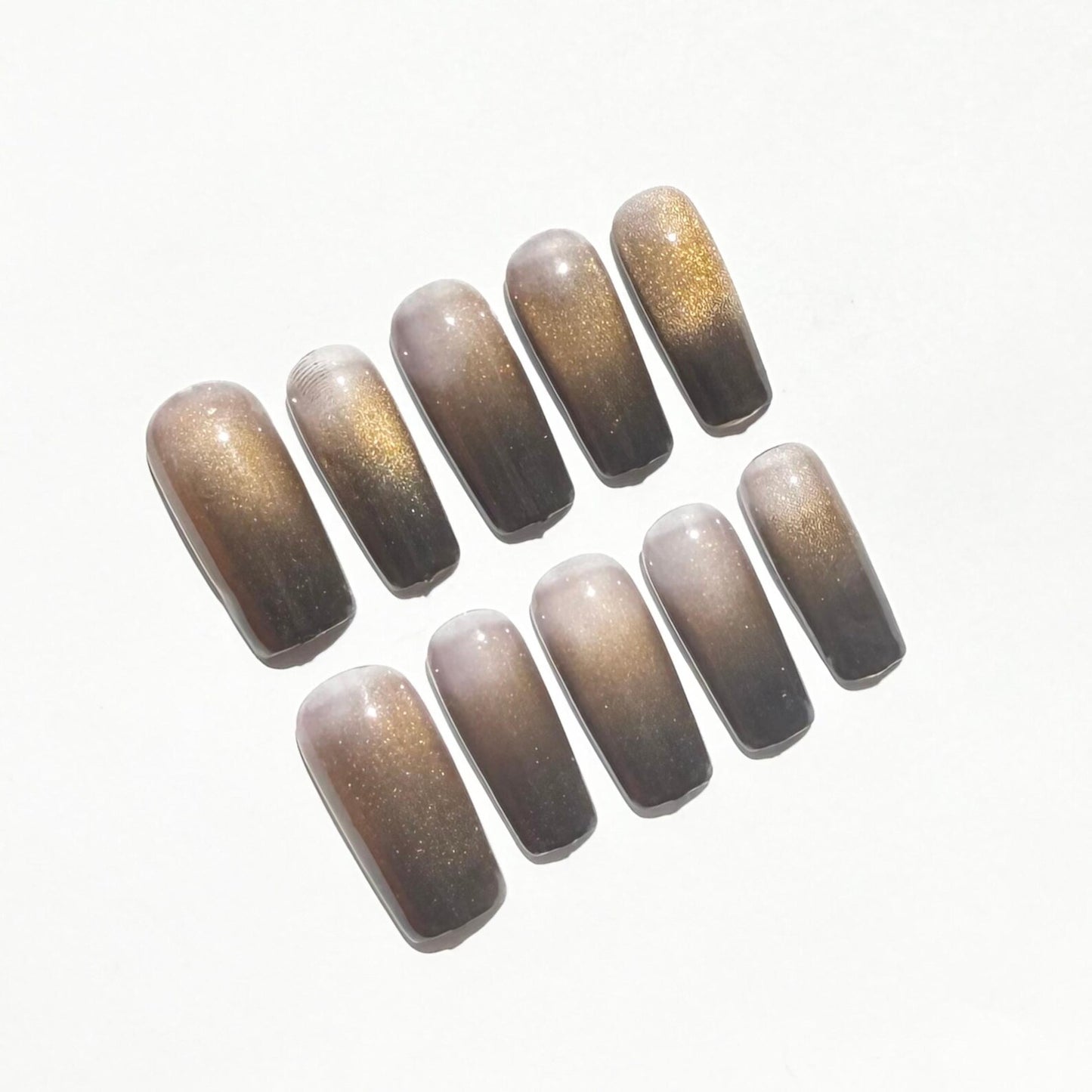 Gold & Black Cat Eye Ombre Press-On Nails – Glitter Shimmer Glossy Set