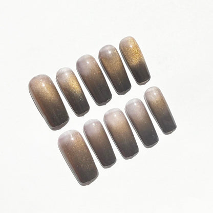 Gold & Black Cat Eye Ombre Press-On Nails – Glitter Shimmer Glossy Set