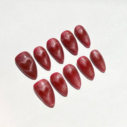 Romantic Red Cat Eye Almond Press-On Nails – Magnetic Shimmer Valentine Set