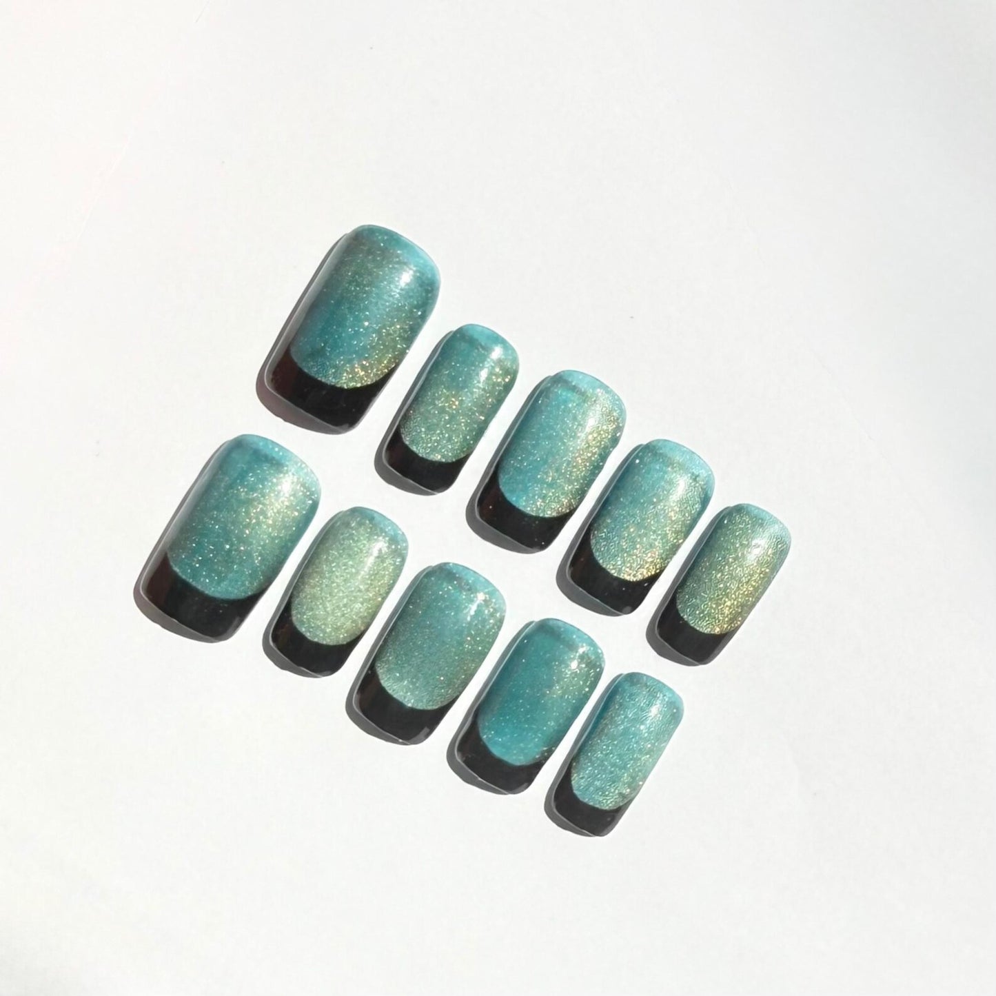 Teal Gold Shimmer & Black French Tip Ombre Press-On Nails – Glitter Handmade Set