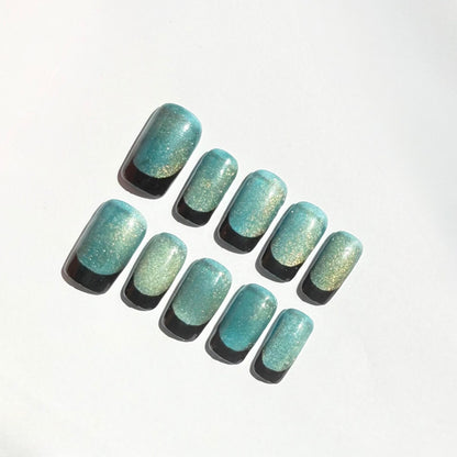 Teal Gold Shimmer & Black French Tip Ombre Press-On Nails – Glitter Handmade Set