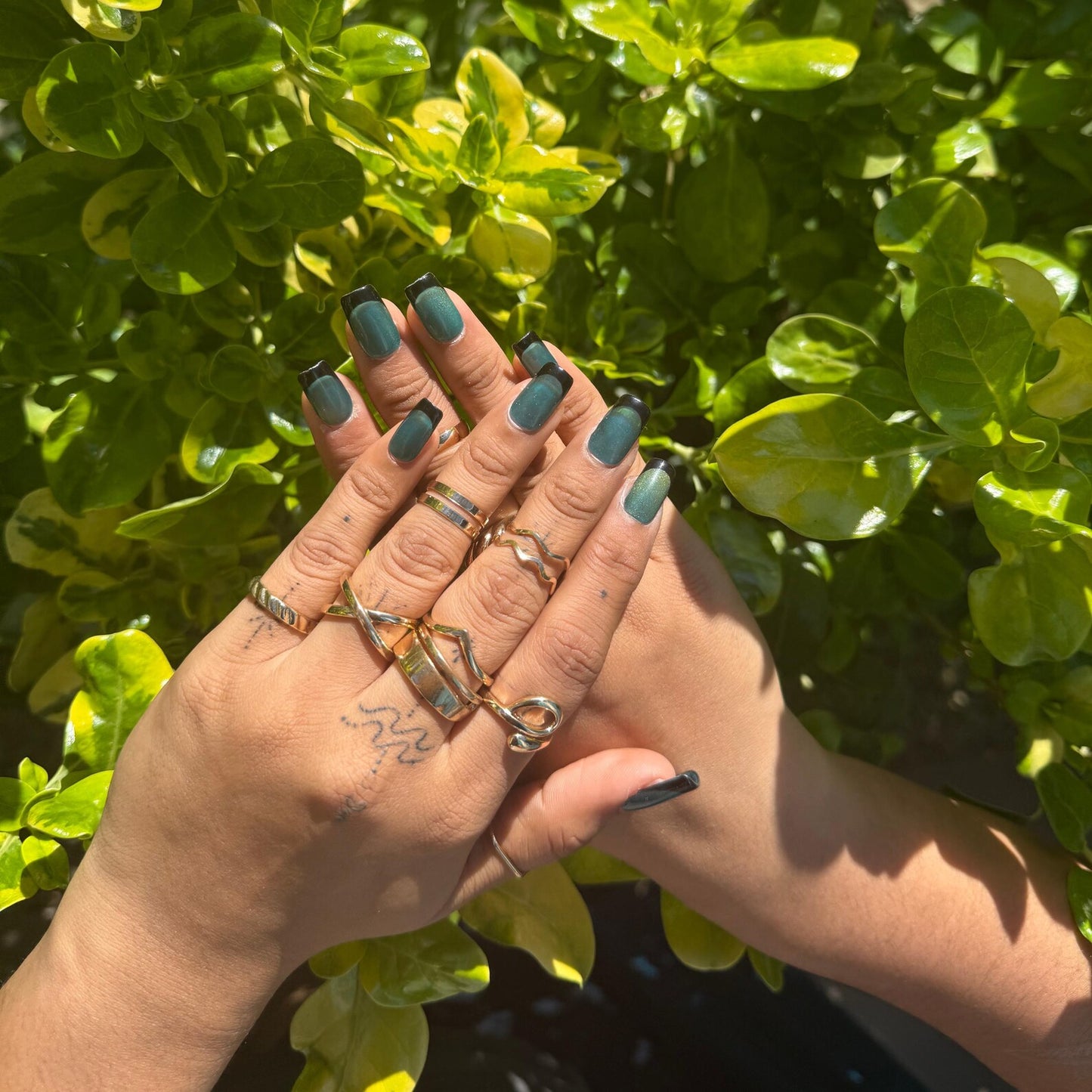 Teal Gold Shimmer & Black French Tip Ombre Press-On Nails – Glitter Handmade Set