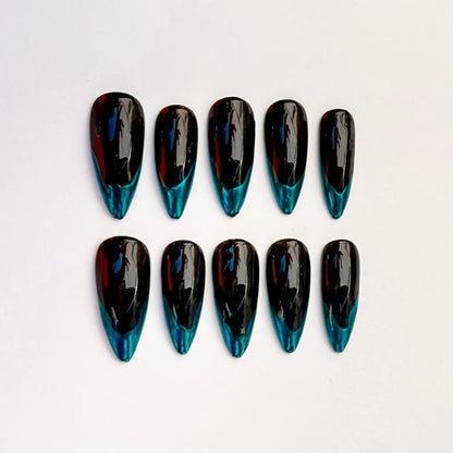 Black & Teal Ombre Press-On Nails – Glossy Stiletto French Tip Set