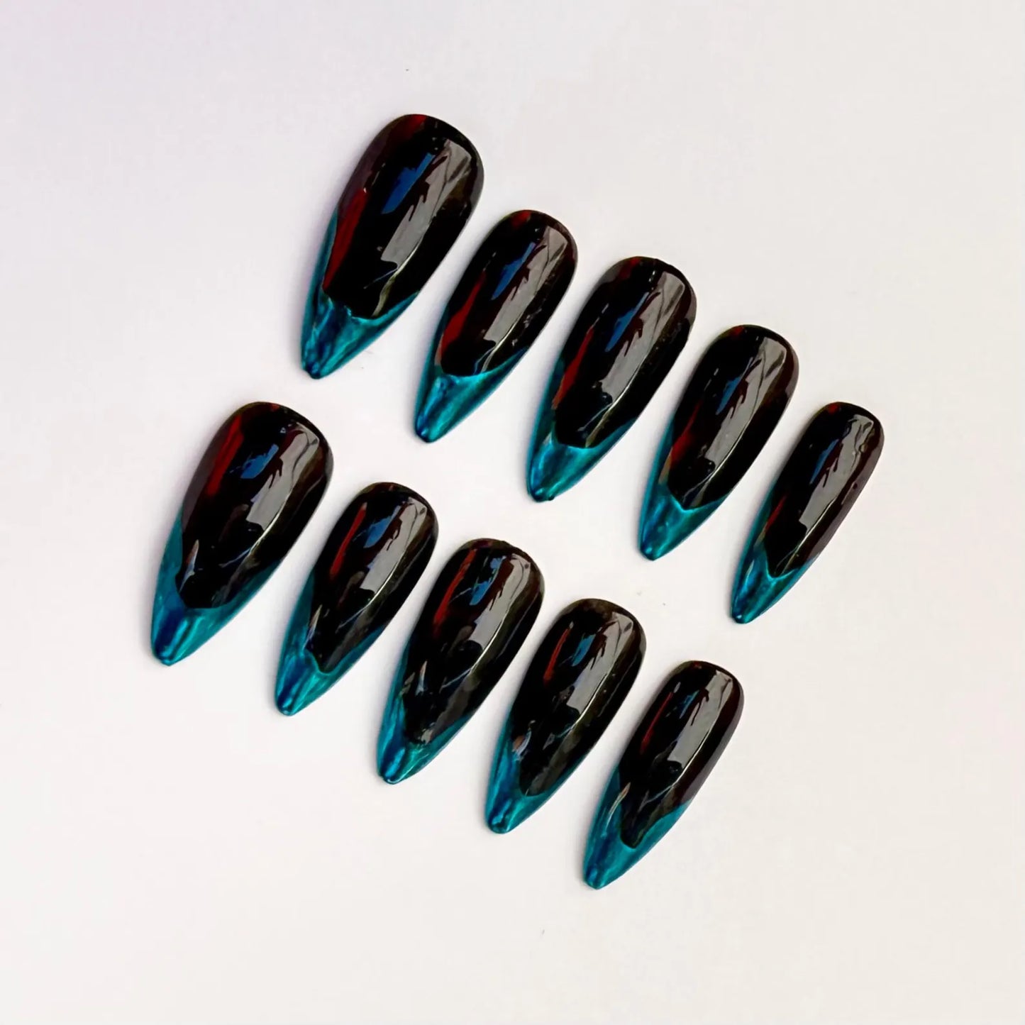 Black & Teal Ombre Press-On Nails – Glossy Stiletto French Tip Set
