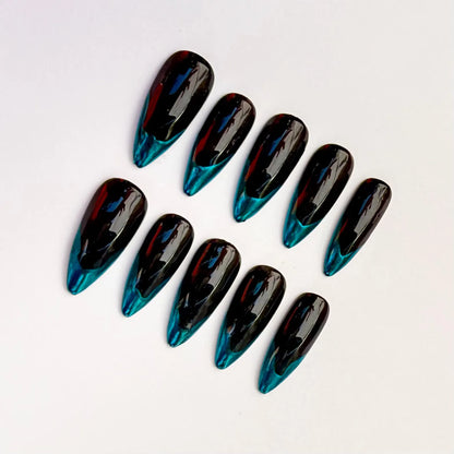 Black & Teal Ombre Press-On Nails – Glossy Stiletto French Tip Set