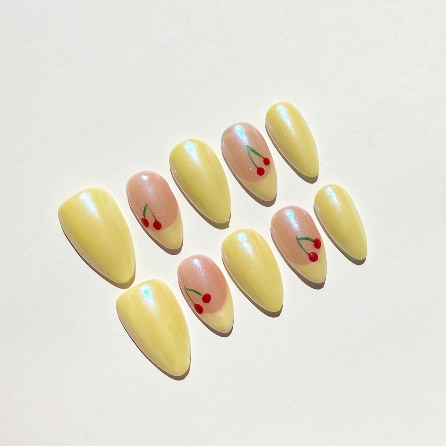 Yellow Cherry Almond Press-On Nails – Cute Fruit Summer Glossy Set