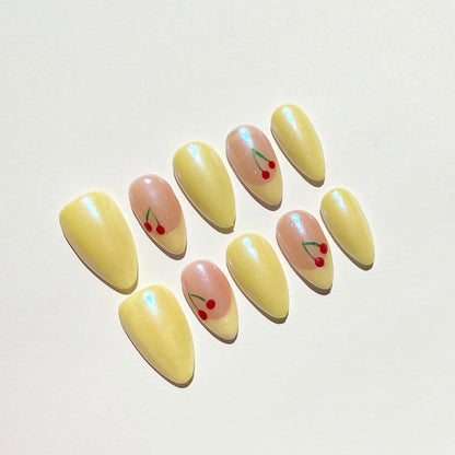 Yellow Cherry Almond Press-On Nails – Cute Fruit Summer Glossy Set