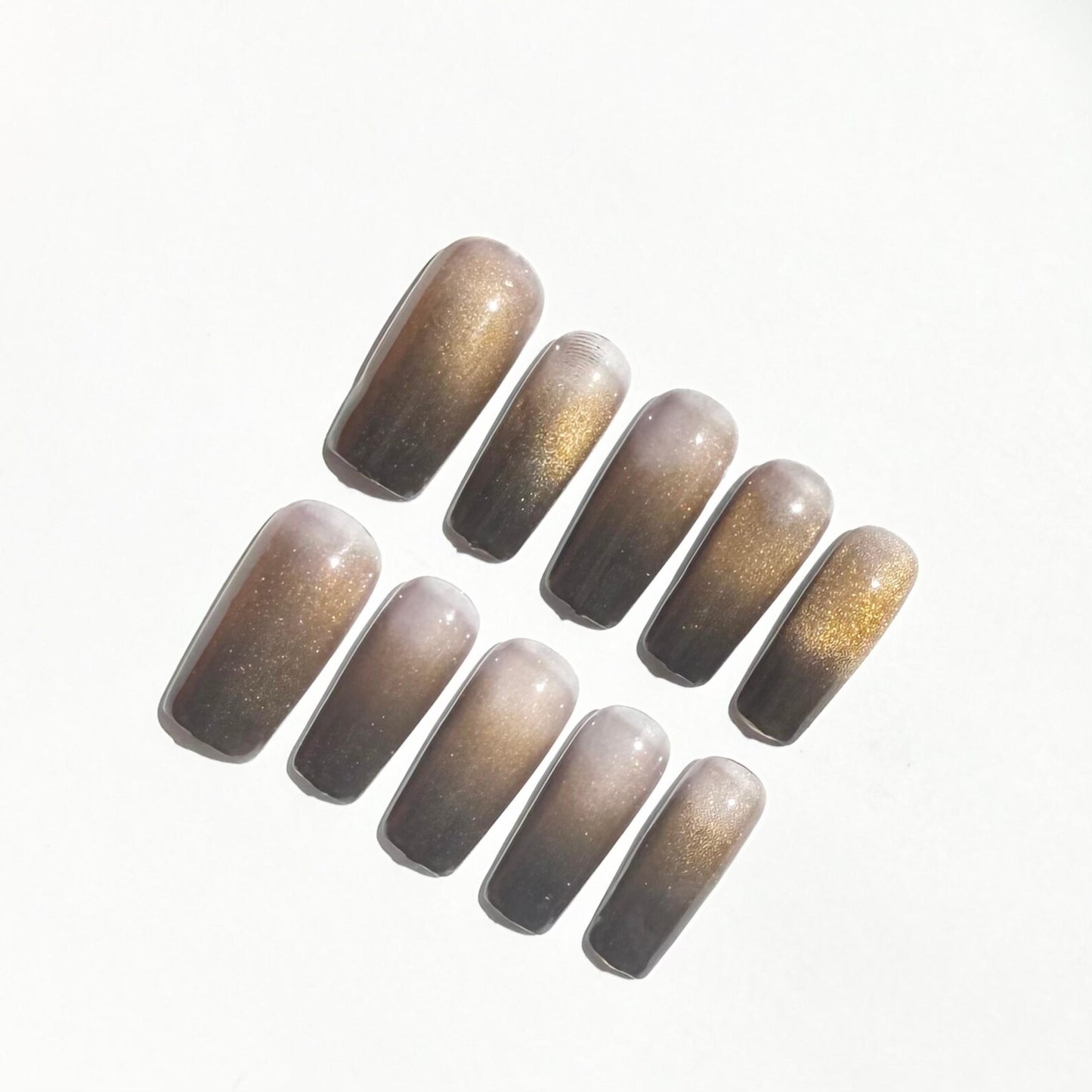 Gold & Black Cat Eye Ombre Press-On Nails – Glitter Shimmer Glossy Set