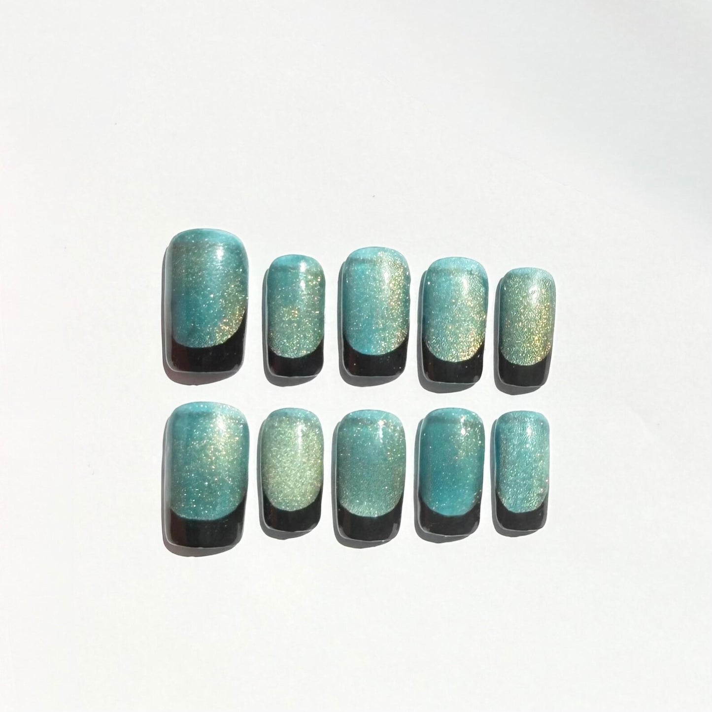 Teal Gold Shimmer & Black French Tip Ombre Press-On Nails – Glitter Handmade Set