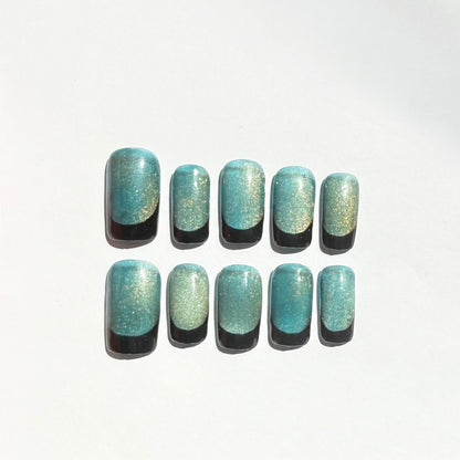 Teal Gold Shimmer & Black French Tip Ombre Press-On Nails – Glitter Handmade Set