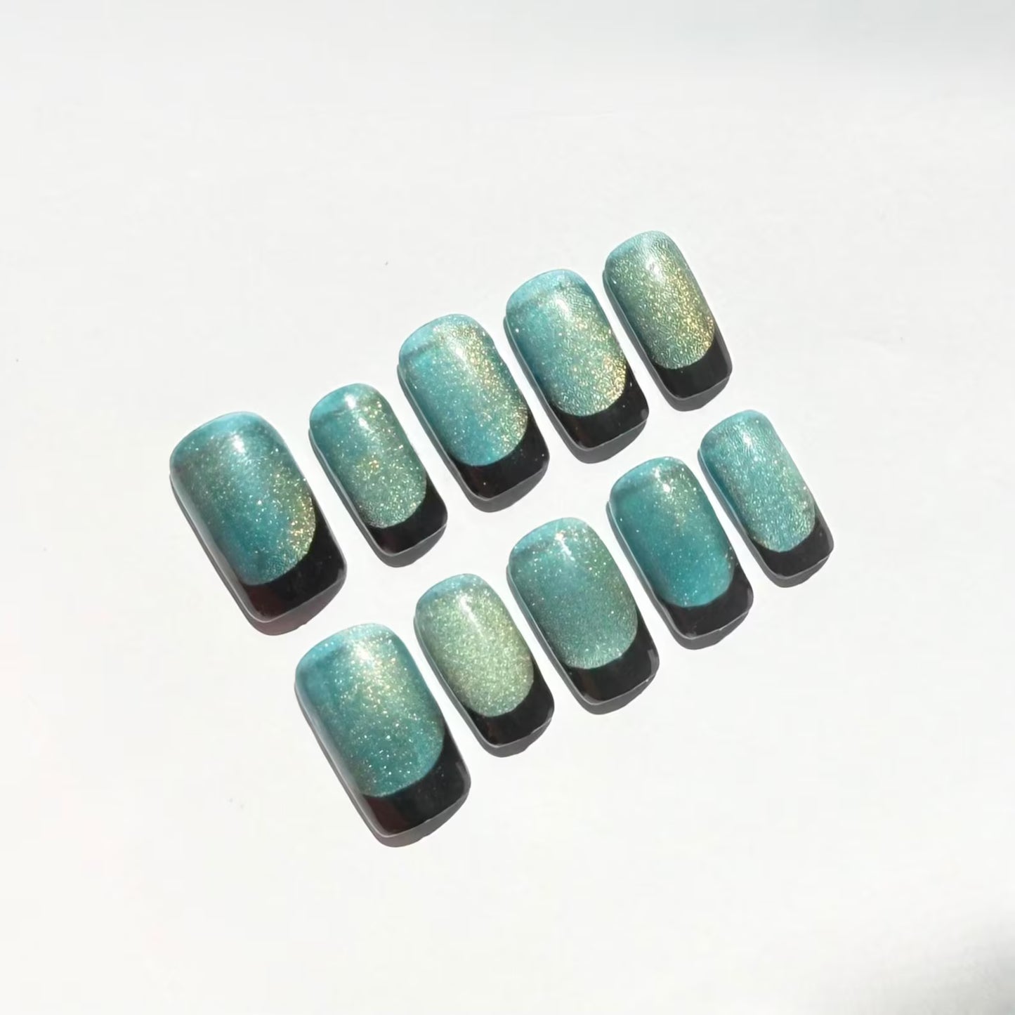 Teal Gold Shimmer & Black French Tip Ombre Press-On Nails – Glitter Handmade Set