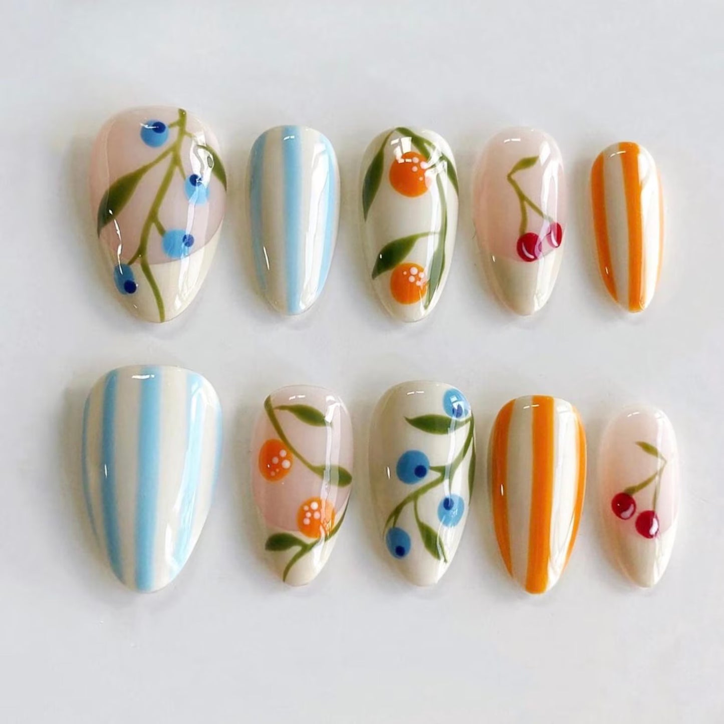 Hand-Painted Berry Press-On Nails – Pastel Stripe Cute Fruit Summer Set