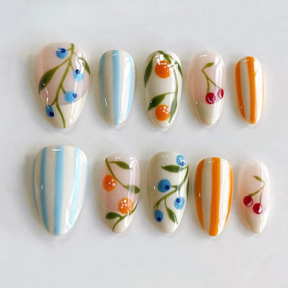 Hand-Painted Berry Press-On Nails – Pastel Stripe Cute Fruit Summer Set