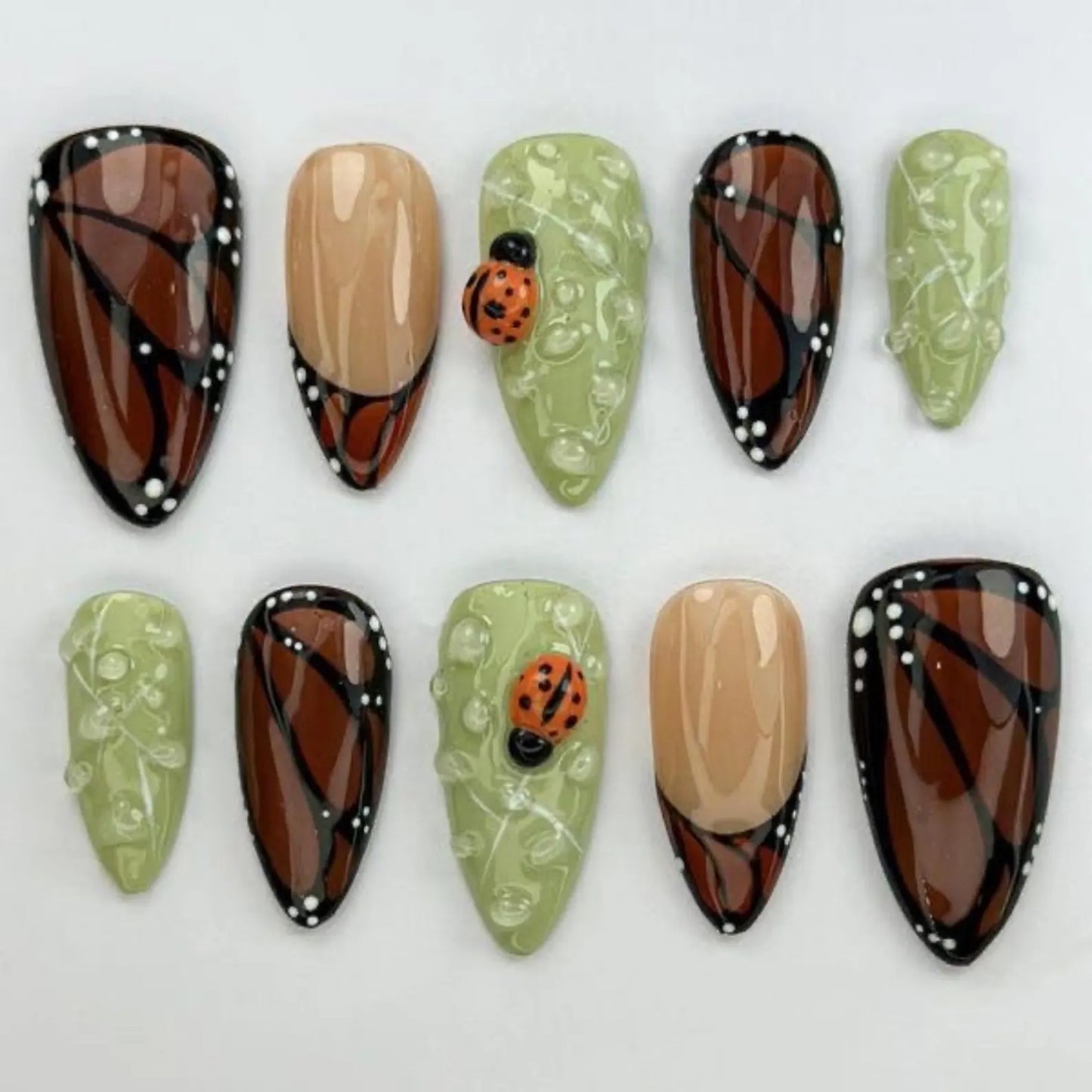 Butterfly Wing Press-On Nails – Brown Green Nature Set with 3D Ladybugs
