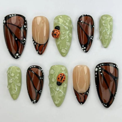 Butterfly Wing Press-On Nails – Brown Green Nature Set with 3D Ladybugs