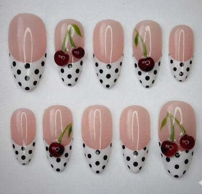 Cherry French Tip Press-On Nails – Nude Polka Dot Gel Cute Summer Reusable Set