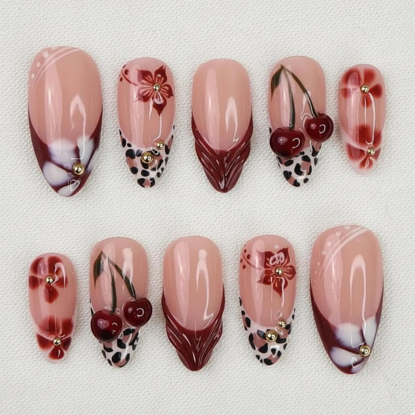 Red Cherry Press-On Nails – 3D Cherries Floral Leopard Vintage Y2K Set