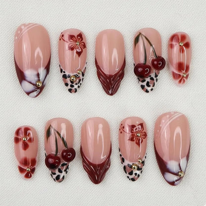 Red Cherry Press-On Nails – 3D Cherries Floral Leopard Vintage Y2K Set