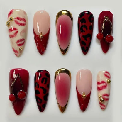 Cherry Red Leopard Press-On Nails – Kiss Marks & Gold Retro Pin-Up Set