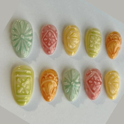 3D Embossed Pastel Press-On Nails – Vintage Floral Textured Spring Set