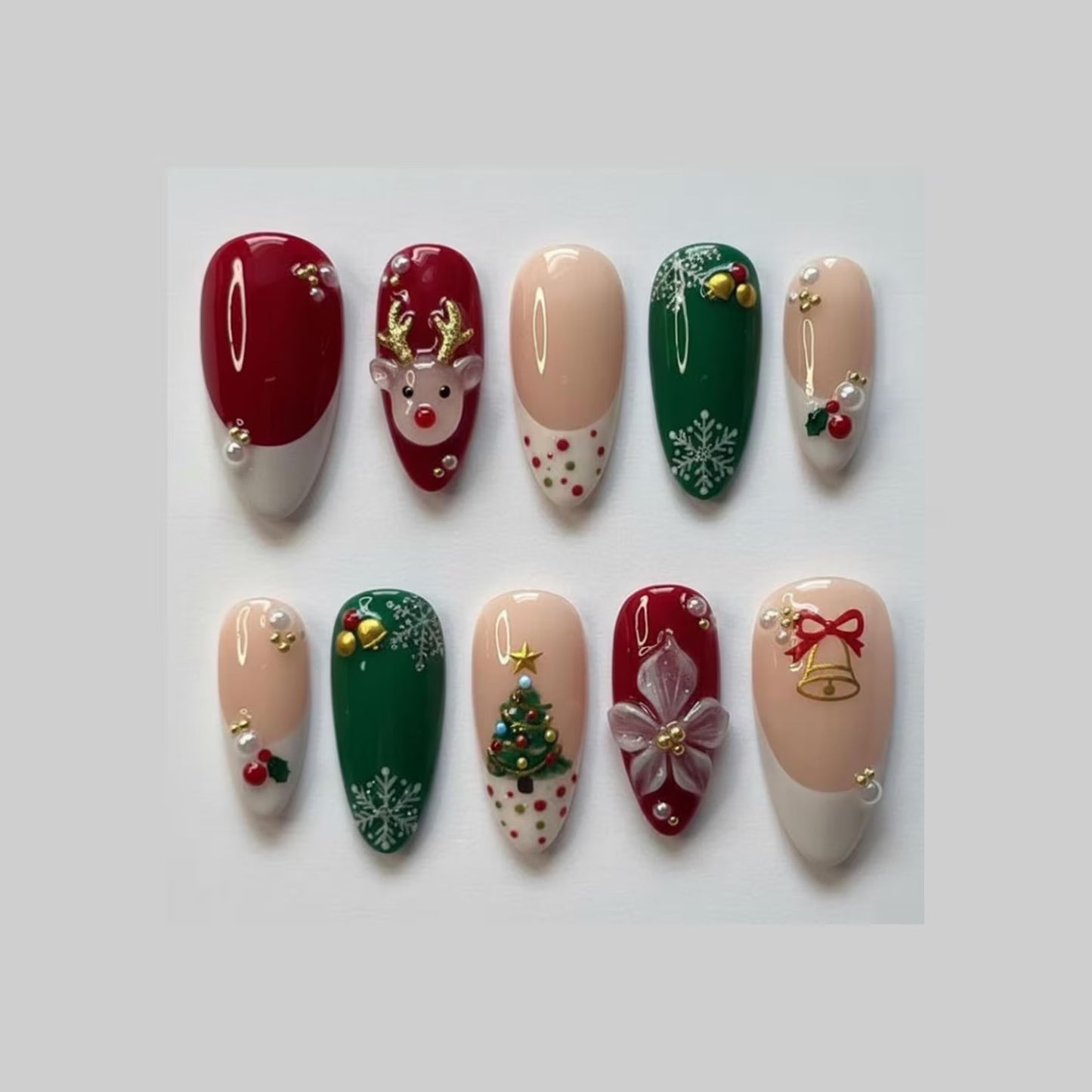 Christmas Almond Press-On Nails – Reindeer Snowflake Bell Tree Red Green Set