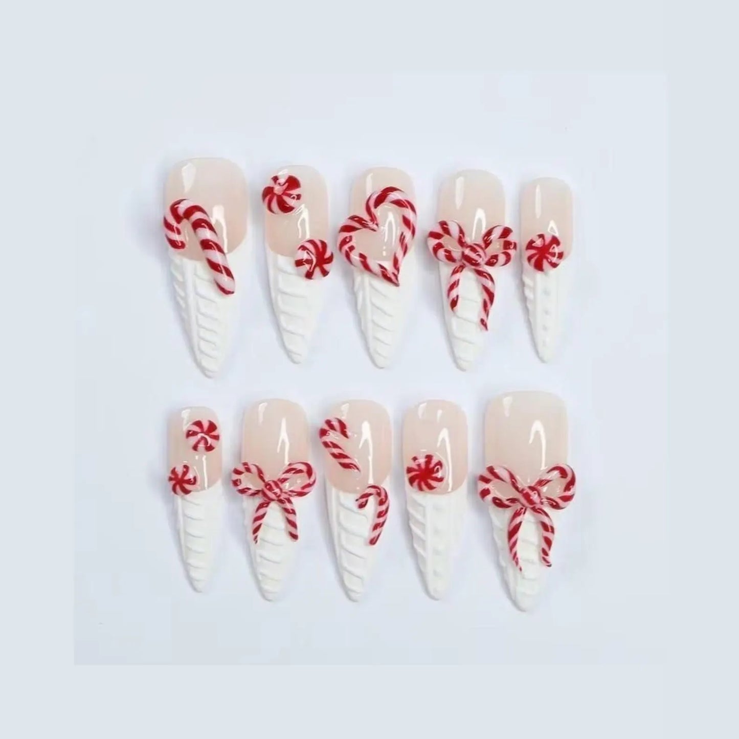 Christmas Press-On Nails – 3D Candy Cane Peppermint Bow White Icicle Tips