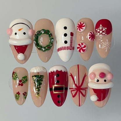 Cute Christmas Almond Press-On Nails – 3D Santa Snowman Tree Peppermint Set