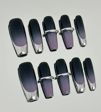 Black to Purple Ombre Press-On Nails – Coffin Silver Chrome Tip Gothic Set