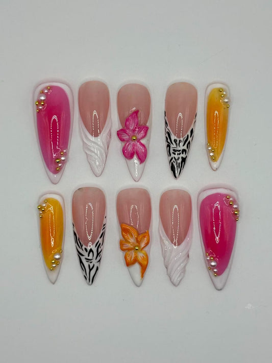 Luxury Pink & Yellow Floral Press-On Nails – 3D Hand-Painted Stiletto Reusable Set